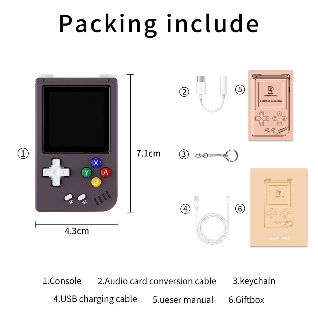KANBUN RG Nano mini przenośna konsola do gier z 5000 grami, przenośna konsola do gier 64 GB z brelokiem, 1,5" IPS Full Fit Screen ręczna maszyna do gier MP3 w stylu retro do wielu emulatorów