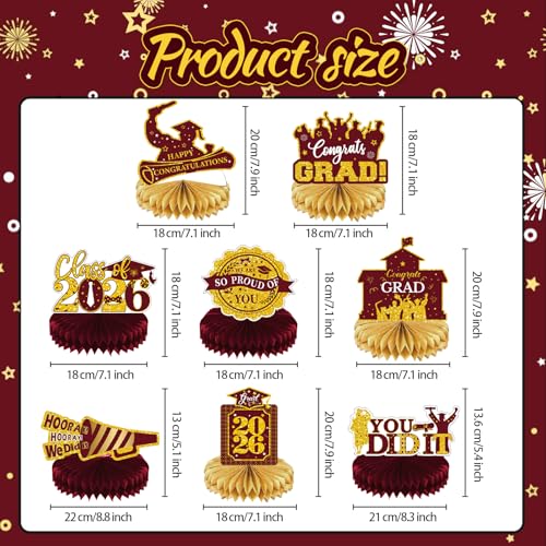 Image of 2026 Graduation Party Decorations - 8 Pcs Maroon Gold Class of 2026 Graduation Party Table Decor Honeycomb Centerpieces for Tables Congratulate for 2026 Congrats Grad Party Supplies