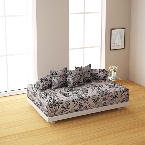 Image of Swayam 144TC Diwan Set Roto Cotton 6 Pcs | Deewan Ethnic Motif Printed Bedsheet Set for Living Room Hall (1-Bed Sheet 60x90 Inch | 2-Bolster Cover 30x30 Inch | 3 Cushion Cover 16x16 Inch) - Beige