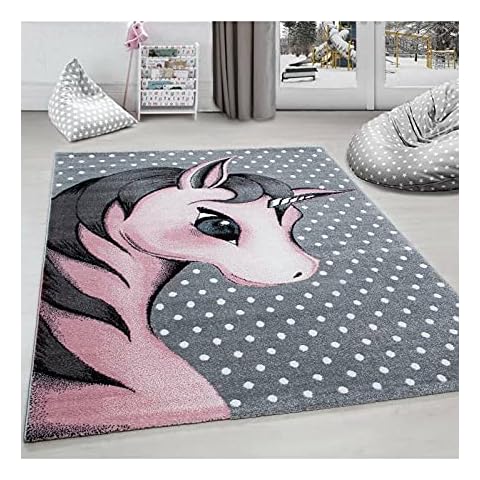 Kinderteppich Einhorn Baby Kurzflor Kinderzimmer Babyzimmer Teppich Grau Pink, Grösse:160x230 cm Cover