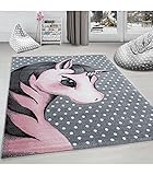 Kinderteppich Einhorn Baby Kurzflor Kinderzimmer Babyzimmer Teppich Grau Pink, Grösse:160x230 cm