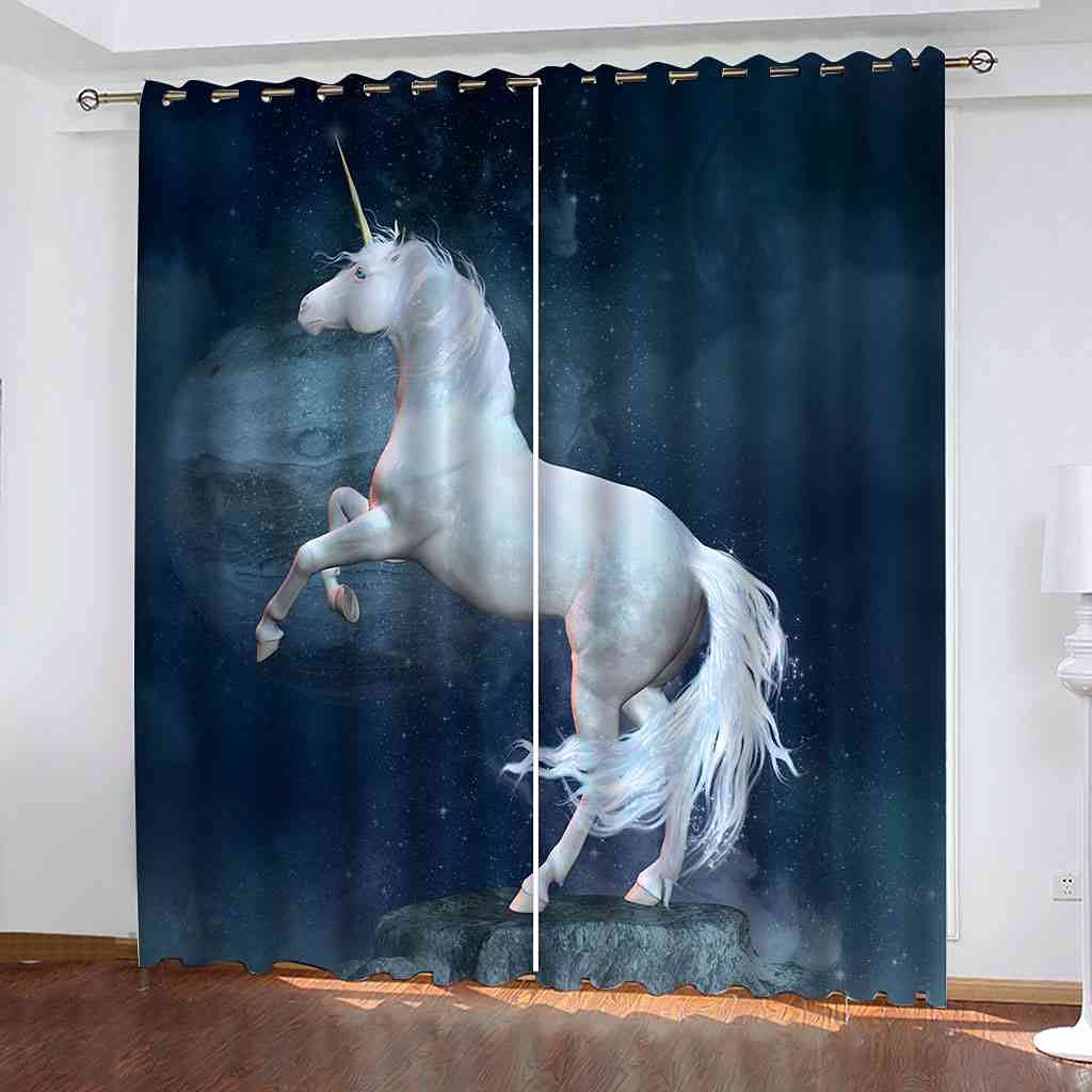 Rideau de Fenêtre Chambre D'Enfants Cheval Étoilé Beau Rideau Salon Occultant Bleu 264x160cm