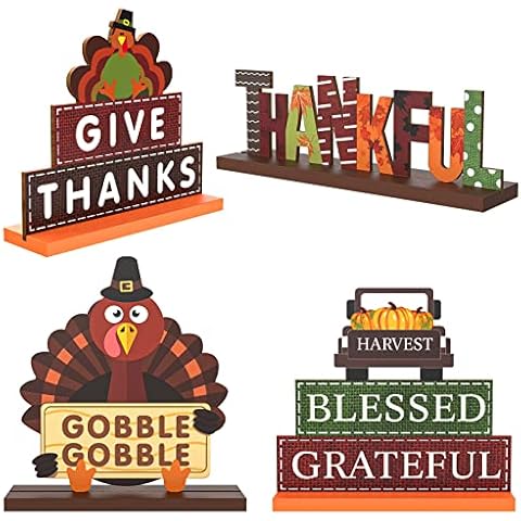 Thanksgiving Centerpieces for Tables Decorations, 4 Pack Wooden Pumpkin Turkey Thankful Blessed Decorative Signs, Harvest Autumn Fall Decor for Home Indoor Party Farmhouse Office Desk Fireplace Cover