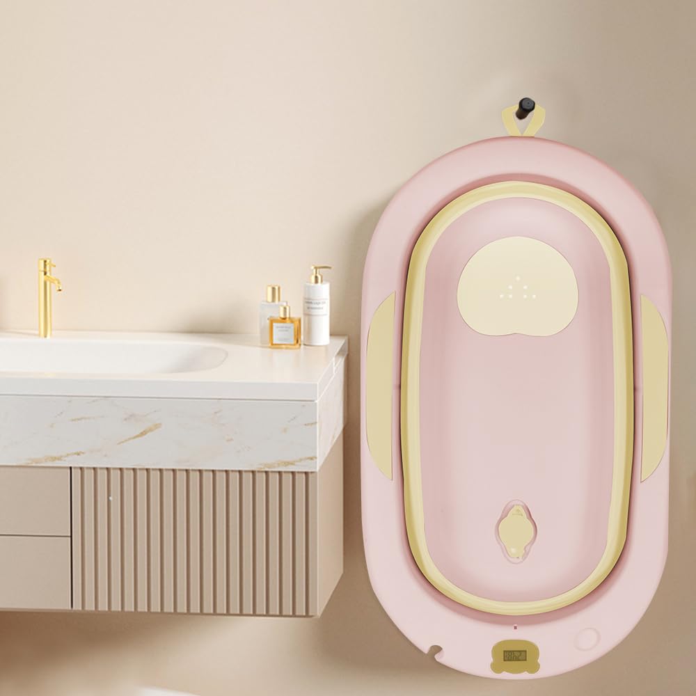Bañera plegable para bebé con cojín de baño, ergonómica, antideslizante, para recién nacidos, bebés de 0 meses+, bañera termostática con alfombrilla de baño y gorro de ducha