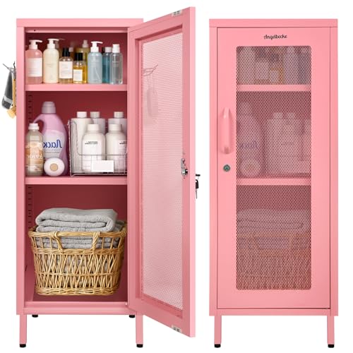 Metal Storage Cabinet 39.37 H Small Pink Metal Locker Cabinets with Lockable Mesh Door and Handle 2 Adjustable Shelves 2 Pegboards & 6 Hooks for Home Office Bedroom Kitchen Assembly Required