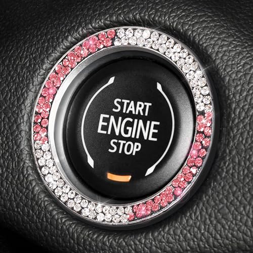 Image of ToBeQueen White Pink Bling Push Start Button Cover Emblem Sticker, Crystal Diamond Rhinestone Push Start Ring Car Decor, Pink and White Bling Car Accessories