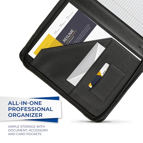 Image of Samsill Contrast Stitch Leather Zippered Portfolio Folder /Business Portfolio for Men and Women, Resume /Document Organizer with Writing Pad, Black (71720)
