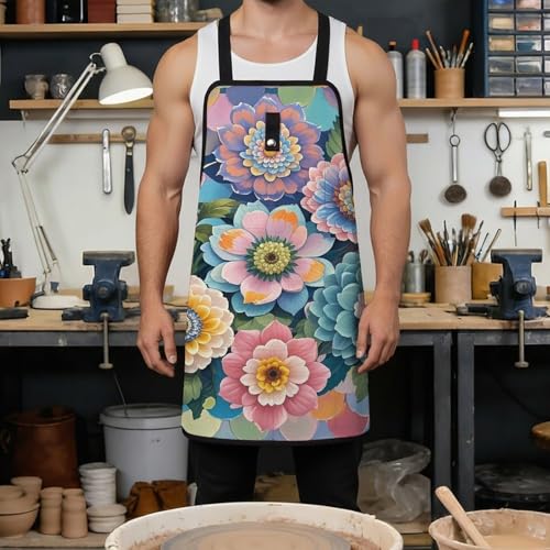 Delantal de trabajo con diseño de escamas y flores, ajustable miniatura 4