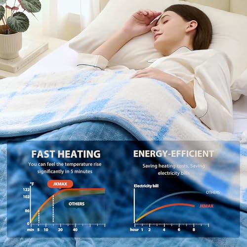 JKMAX Heated Electric Blanket Full Size - 72"x84" Flannel Heating Blanket with 10 Heating Levels & 5 Time Settings Over-Heat Protection, Winter Warmer for Adults with ETL Certification(Light Blue)