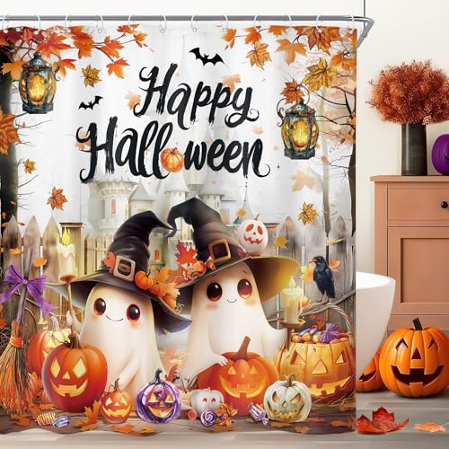 Image of Riyidecor Happy Halloween Shower Curtain Kids Funny Ghost Cute Cartoon Gothic Spooky Fall Autumn Pumpkin Maple Leaves Castle Bathroom Decor Fabric Polyester Waterproof 12 Pack Hooks 72Wx72H Inch