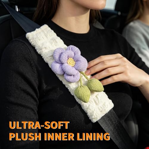 Image of Cute Pink Flower Seat Belt Cover Pads for Women Girls - Soft Plush Seatbelt Cushion, Fun Car Accessories (2, Purple Camellia)