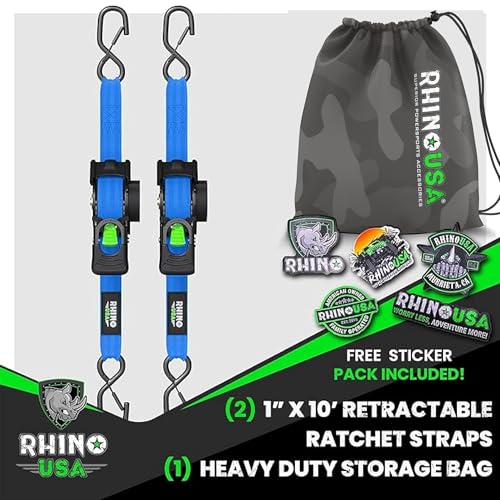Image of Rhino USA Retractable Ratchet Straps (2-Pack) - 1 Inch x 10 Feet (1,209lb Break Strength) - Auto Self Retracting Tie Down Straps for Truck, Cargo Trailer, Motorcycle, ATV, UTV - Blue