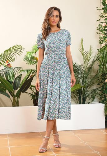 Image of NAVINS Womens Floral Print Modest Wedding Guest Midi Dress with Pockets | Puff sleeve tiered boho dress for summer, church, and vacations. Elastic waist, Below knee, hand or machine wash.