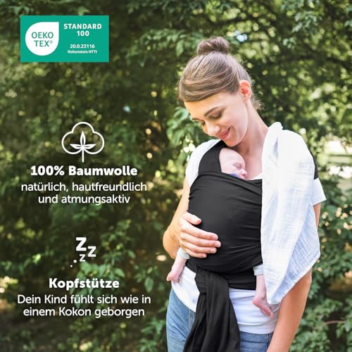 Laleni Tragetuch Baby neugeboren bis 15 kg aus weicher Baumwolle - Babytrage Neugeborene ab Geburt - OEKO-TEX zertifiziertes Tragetuch Kleinkind - Wickeltuch Baby mit 5,10 m Länge - Trage in Schwarz