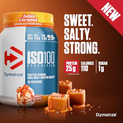 Image of Dymatize ISO100 Whey Protein Powder Isolate, Salted Caramel, 25g of Protein, 5.5g BCAAs, Less Than 120 Cal., Gluten Free, 1g Fat, 1g Sugar, 2g Carb (20 Servings)