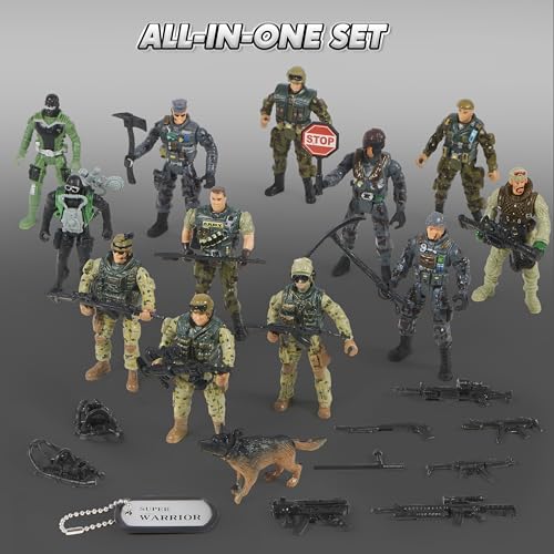 JOYIN 16 PCs Military Toy Soldiers Playset Action Figures with 12 Realisitc Army Ranger Action Figures and Weapon Gear Accessories Military Combat Toys
