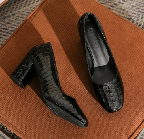 LizFoYa Women Embossed Square Toe Dress Pumps Polished Leather Dress Block High Heels Office Shoes3