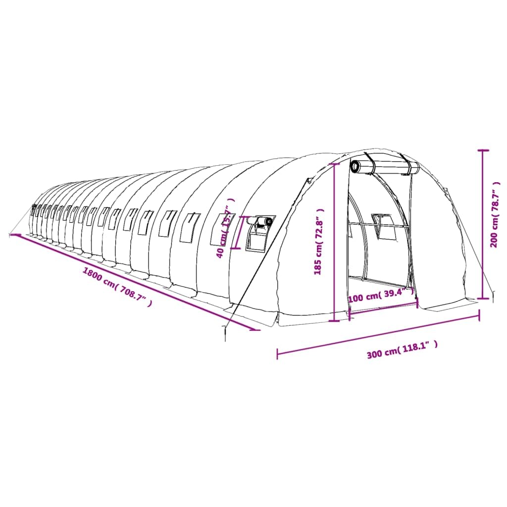 Szklarnia ze stalową ramą, zielona, 54 m², 18 x 3 x 2 m, tunel foliowy PE z 4 oknami z siatki i zamkiem błyskawicznym drzwi na pomidory, rośliny, warzywa, ochrona przed mrozem w ogrodzie