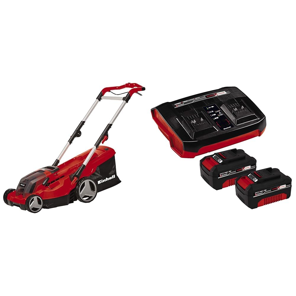 Einhell GE-CM 36/37 Li - Solo, Akülü Çim Biçme Makinesi ve Einhell 18V 2x4,0 Ah PXC Twincharger Kit, Akü & Şarj Cihazı