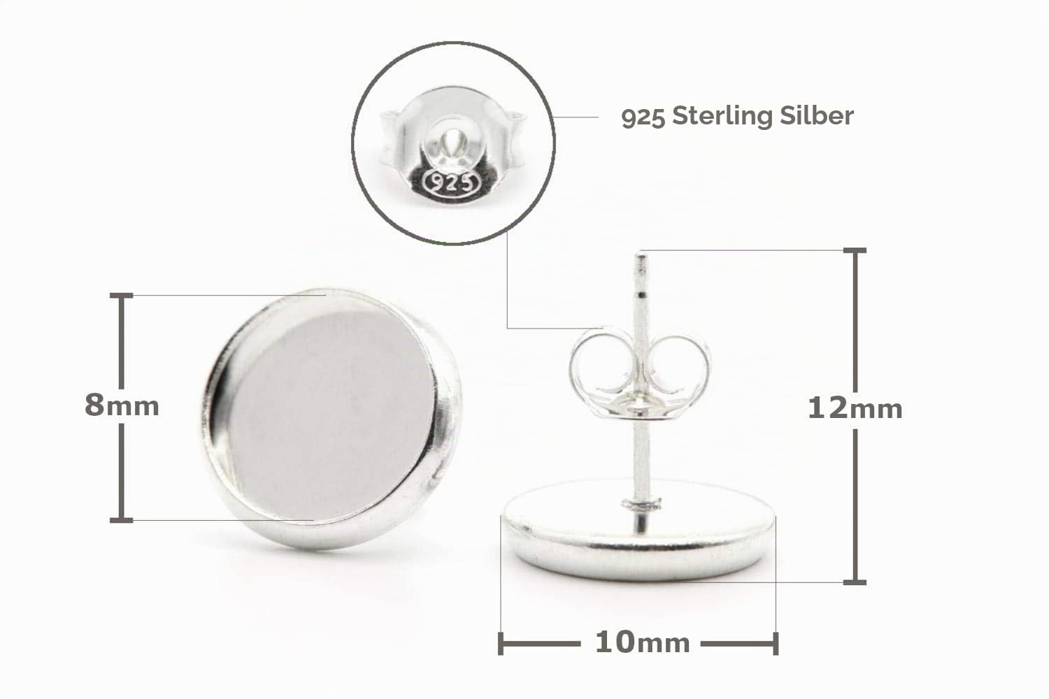 NaturSchatulle Ohrstecker mit Fassung 8-14mm Rohlinge 25 Paar Sterling Silber Butterfly Verschluss I Ohrringe Basteln DIY Schmuckherstellung (8mm)