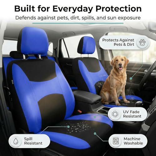 Image of FH Group Car Seat Covers Front Set Blue Cloth-Seat Covers for Low Back Car Seats with Removable Headrest,Universal Fit,Automotive SeatCover,Airbag Compatible Car Seat Cover for SUV,Sedan,Van