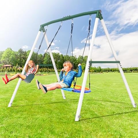 Hapfan 7.5ft Tall Swing Sets for Backyard, 500lbs Heavy Duty Swing Set Outdoor for Kids and Adults with Spider Swing and Belt Swing (Green and White) Cover