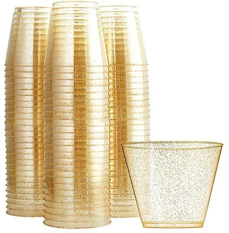 WANGZAIZAI - 25 bicchieri glitterati in plastica, 270 ml, eleganti, per feste, riutilizzabili, colore: dorato