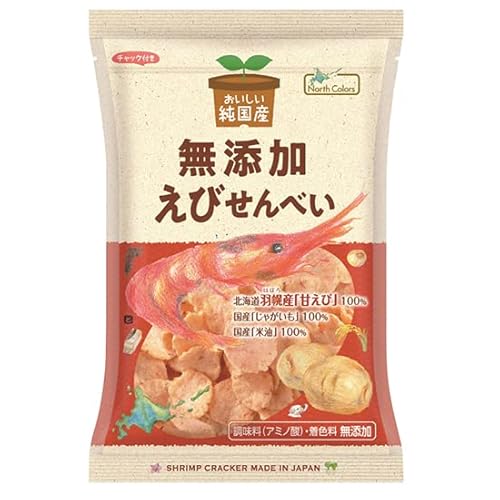 ムソー ノースカラーズ 純国産えびせんべい 65g×12袋。北海道羽幌産えびを使用した純国産・無添加のえびせんべい。