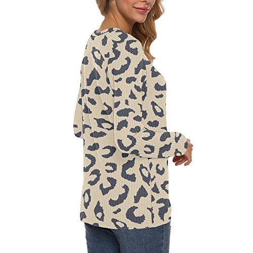 MISFAY Womens Casual Top Long Sleeve Cute Twist Knot Waffle Knit Shirts Tops (L, Khaki Leopard)
