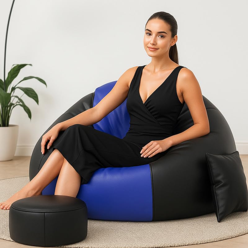 Image of Biggie Bean Bag Chair 6XL with Beans Filled-Duo Pop Sofa-Two Tone One Vibe-Crafted for Comfort-Styled for Elegance with Free Cushion & Footrest (Matching Color : Sofa, Azure Blue Black)