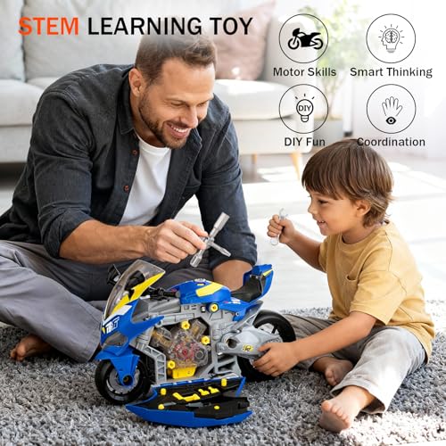 Take Apart Motorcycle Toy for Kids 3-5, Mechanic Toy DIY Repair Set with LED Lights, Real Engine Sounds & Spraying Exhaust - STEM Building Toys Engine Build Kit Birthday Gift for 3 4 5 6+ Year Old Boy - Image 2