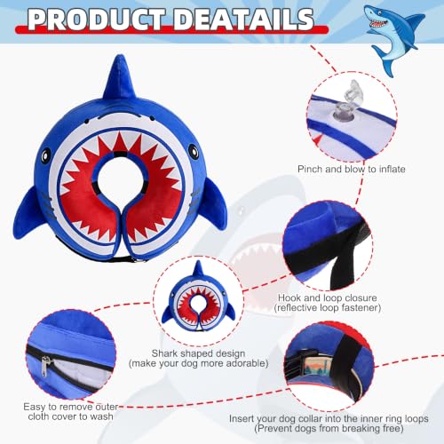 Image of KOOLTAIL Inflatable Dog Cone Collar, Soft Donut E Collar for Dogs After Surgery to Stop Licking Enhanced Alternative, Blow Up Pet Neck Pillow Recovery Adjustable Cone for Dog Cat, Shark L