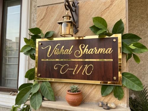 Image of Personalized Craft Wood Luxury Door Name Plates for Home Entrance (15x30 Cm) with 3D Embossed Letters- Ideal for Home & Office Entrances With Stainless Steel Screws || Door name plates (WoodGold)