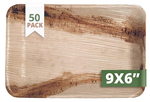 CaterEco Rectangle Palm Leaf Plates Set | 50 Pack | Size - 9 x 6 inches | Ecofriendly Disposable Dinnerware | Heavy Duty Biodegradable Party Utensils for Wedding, Camping & More