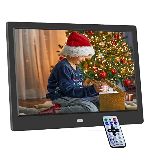 Marco de Fotos Digital Pantalla LED de 10 Pulgadas Resolución de 1024 * 600 Reproductor de Video de Música de Fotos,Calendario Despertador Ranura para Tarjeta SD,con USB y Control Remoto (Negro) Cover
