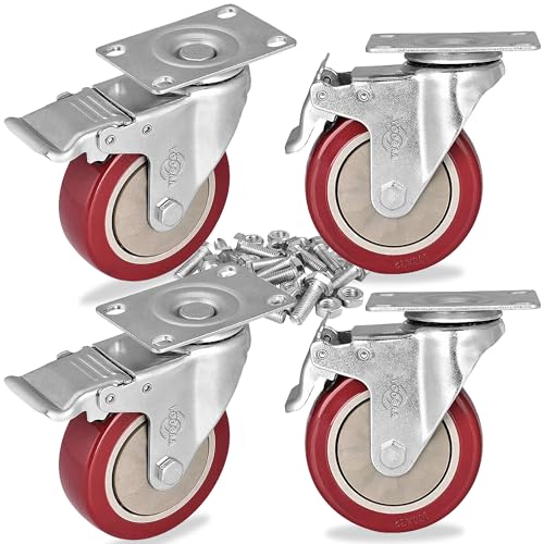 Image of Caster Wheels 3 Inch Casters Set of 4 Heavy Duty Load Bearing 1000 Lbs Locking Swivel Plate Casters with Brake Industrial No Noise Polyurethane Wheels Anti-wear Smooth Casters