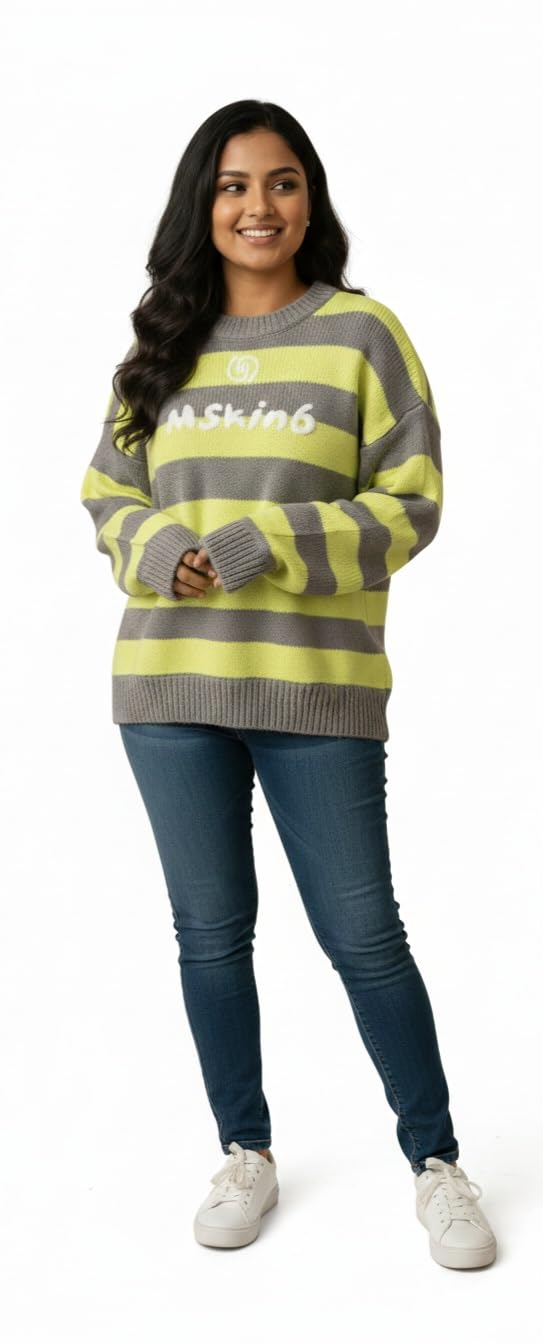 Striped Crewneck Sweater, Neon Yellow and Grey Horizontal Stripes, Oversized Fit, Casual Wear-image-4