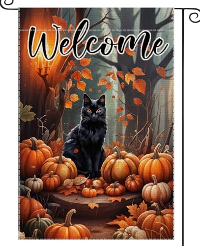 Drapeau de jardin d'automne avec chat et citrouille pour décorer votre extérieur à Halloween