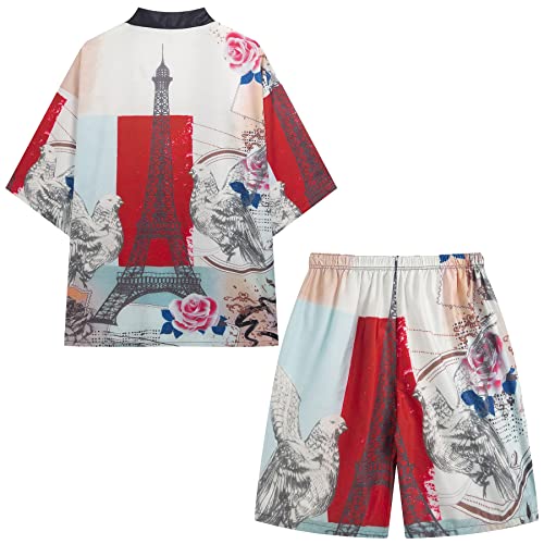 Image of PRIJOUHE Mens Kimono Set Japanese Haori & Shorts 2 Piece Summer Outfits