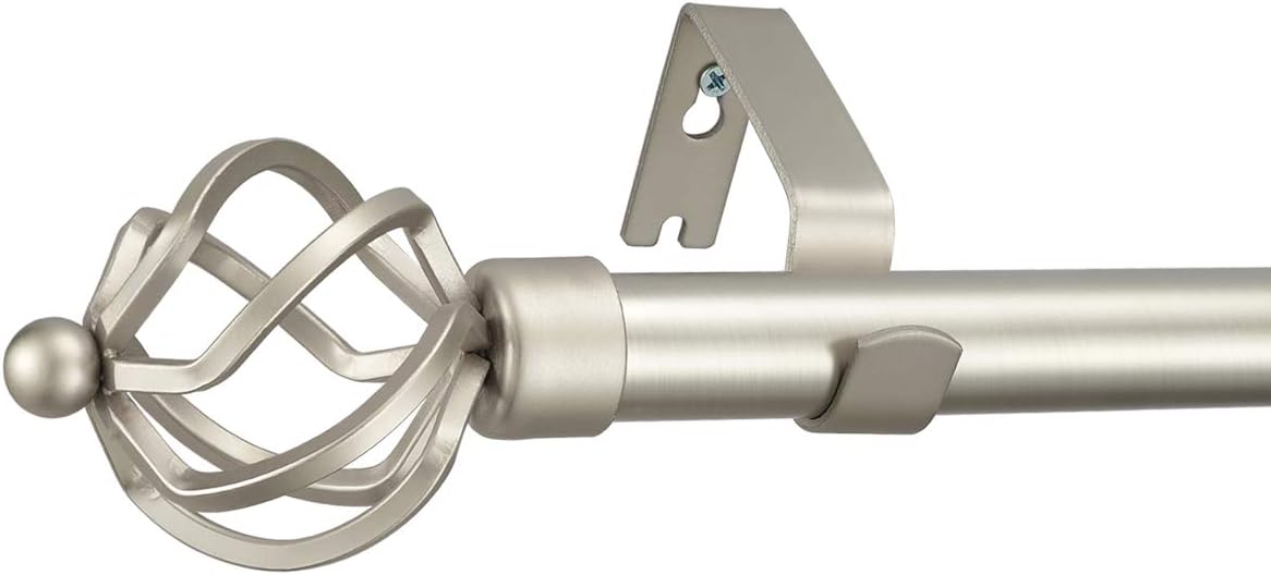 Yunnephele 1 inch Diameter Adjustable Curtain Rod 28-48 inch with Twisted Cage Finials, Single Drapery Rods for Window, Nickel Brushed Metal Iron Curtain Rods Set: Home Improvement