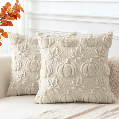 Image of Artscope Fall Cushion Covers Set of 2 Autumn Pumpkin Maple Leaves Throw Pillow Covers for Sofa Couch Bed Living Room Soft Plush Short Wool Velvet Farmhouse Pillowcases 45x45cm Cream Beige