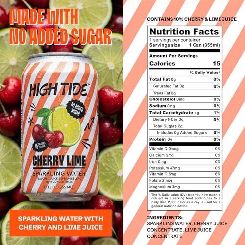 Image of High Tide Cherry Lime Sparkling Water - Flavored Carbonated Water Beverage, 15 Calories per Can, Made with Real Cherry & Lime Juice Concentrate, No Added Sugar - 12 Fl Oz per Can
