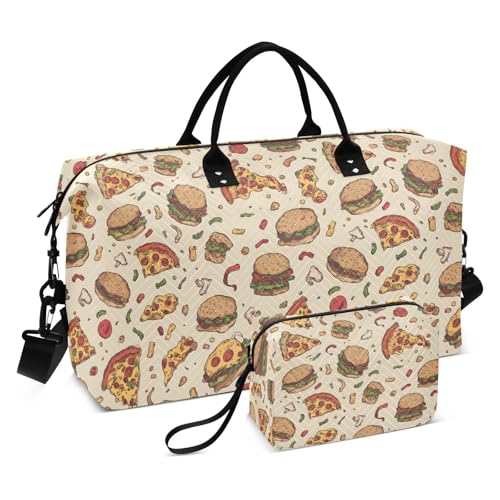 Pizza Hamburger Cute Stylish Large Travel Duffle Bag Weekender Overnight Bags Gym Yoga Bag for Women Men with Toiletry Bag