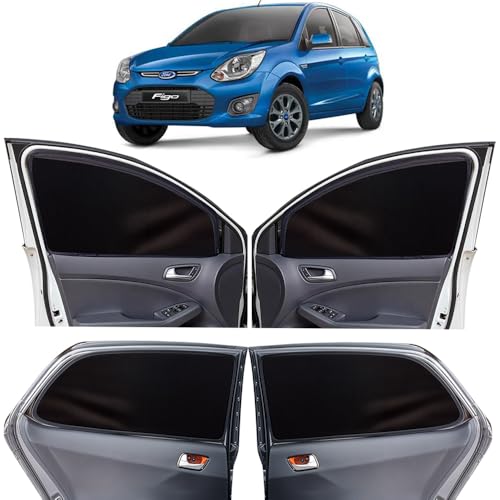 Image of OTO2EYE Car Sun Shade Compatible for Ford Figo Model-2014-2021, Z-Black Super Magnetic Grip, Front Window Zipper, Side Window Curtains, 4 Pieces Set