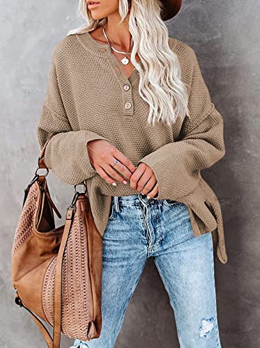 Pink Queen Women's V Neck Batwing Sleeve Slit Button Loose Henley Pullover Sweaters Knit Jumper Tops Khaki Xl #TOP2