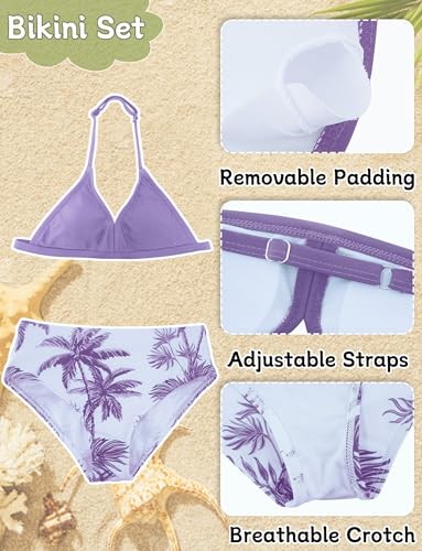 Image of Happy Cherry Girl's 4PCS Swimsuits Tropical Print Halter Bikini Set Bathing Suits with Kimono and Cover Up Pant Boho Swimwear
