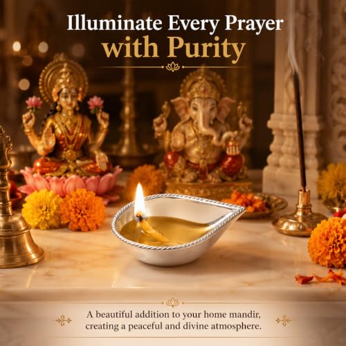 Image of 925 Sterling Silver Diya Ghee Vilakku Lamp for Pooja, Handcrafted Silver Pooja Item for Home Temple, Lakshmi Puja, Navratri, Diwali, Wedding, Housewarming, Annaprashan & Return Gift
