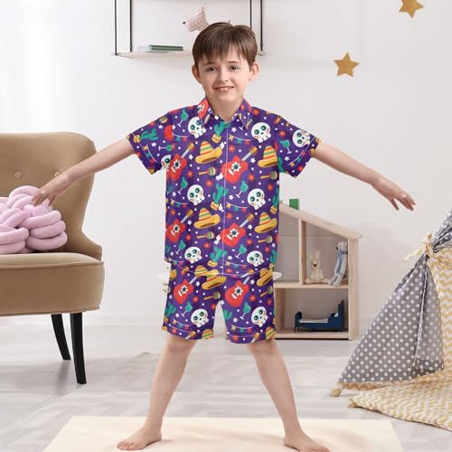 Skull Cactus Mexican Element Short Sleeve Hawaiian Button Down Shirts and Short Sets for Boys Toddler Summer Outfits 6