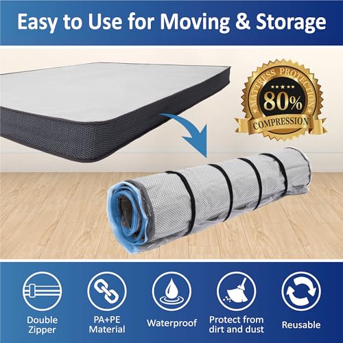 Image of (Queen /Full /Full-XL) Mattress Vacuum Bag for Moving /Storage-Compress Mattress by 80%, Vacuum Seal Mattress Bag, Leakproof & Sealable Vacuum Bag for Mattress, Mattress Moving Bag Zipper (Blue Zip)