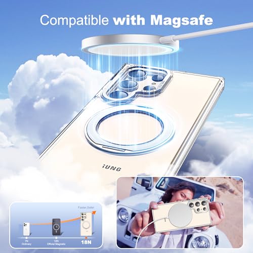 Image of Compatible with Samsung Galaxy S22 & S23 Ultra Case with 360Rotatable Magnetic Ring Stand Compatible with Mag-Safe Military Protection Shockproof Transparent Phone Case,Clear